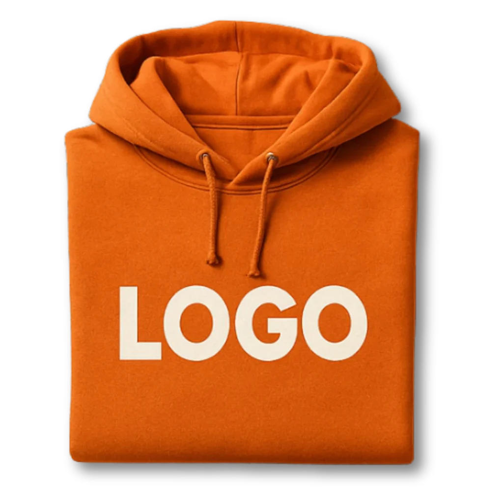 Orange hoodie with front logo print for branded apparel and corporate merchandise