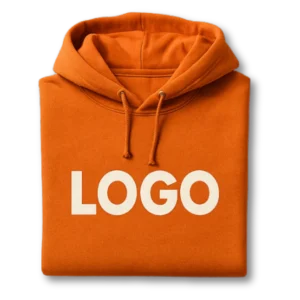 Orange hoodie with front logo print for branded apparel and corporate merchandise