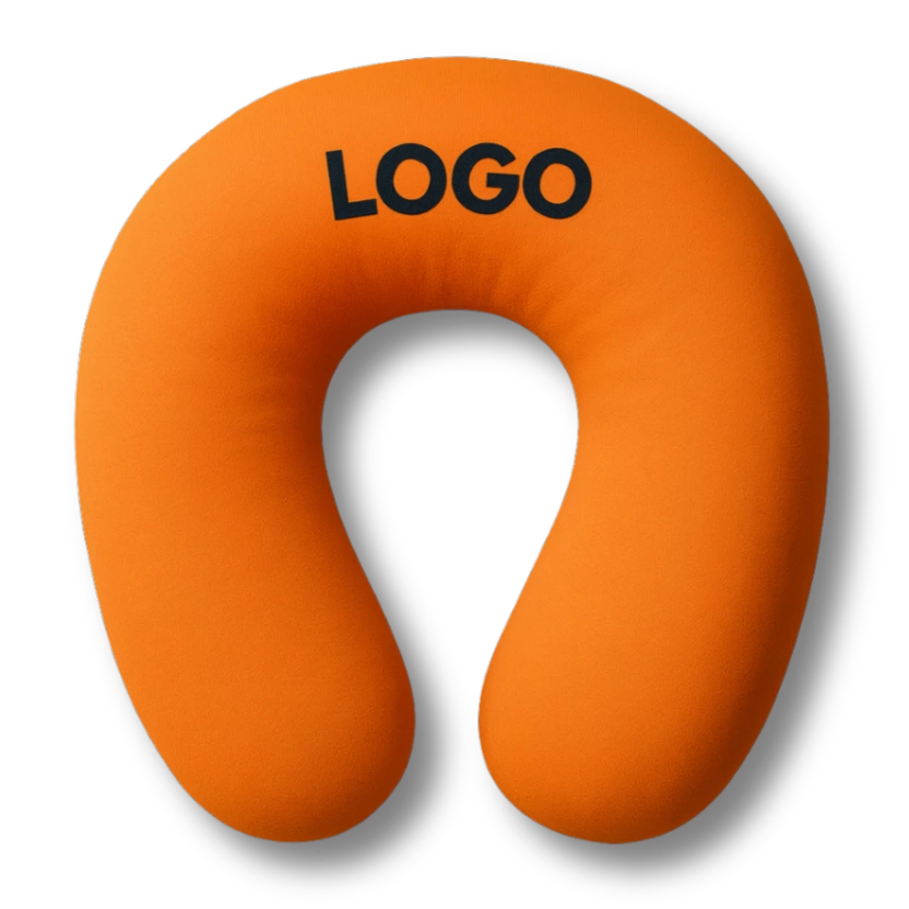 Orange custom travel pillow with logo printing for airlines, hotels, and promotional gift sets by Textile Promos