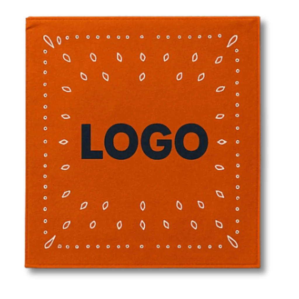 Orange square bandana with printed logo for events and brand promotions