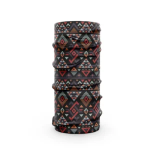 Multi-use tubular buff with tribal geometric pattern in red, black, and orange tones