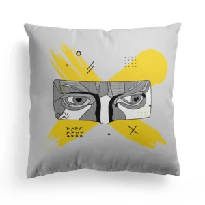Gray cushion with abstract black and white eye illustration over yellow brushstroke background