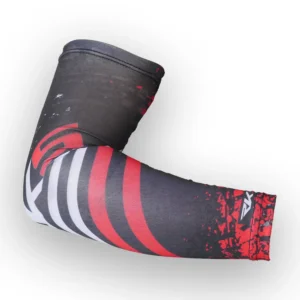 Custom red and black sublimation printed arm sleeve bent at elbow