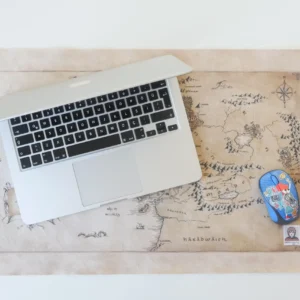 Large fantasy map printed mouse pad with laptop and mouse on top