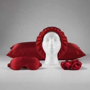 Red Satin Sleep Set with Pillowcase, Sleep Mask, Bonnet, and Scrunchie