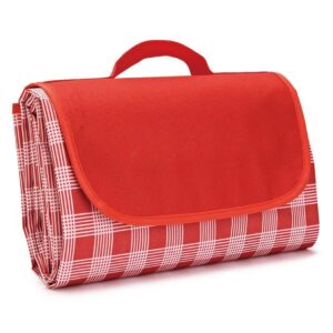Foldable red picnic mat with carrying handle, custom printable