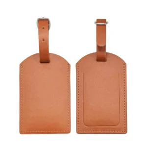 Light brown artificial leather Luggage Tag with adjustable buckle and stitched edges for promotional use