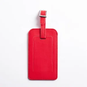 Red Luggage Tag with buckle strap and stitched edges, designed for promotional travel use and bulk B2B orders