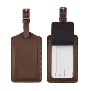 Brown artificial leather Luggage Tag with buckle strap and ID card slot for travel and promotional branding by Textile Promos